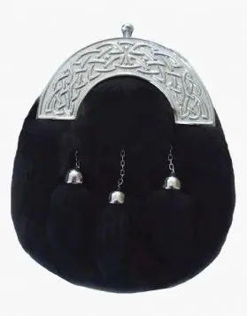3 Tassels Black Rabbit Fur Sporran- Front Image