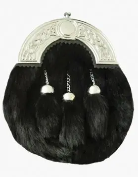 Black Full Dress Rabbit Fur Sporran - Front Image