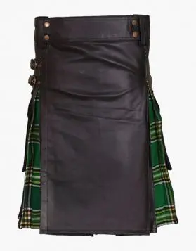 Black Leather with Irish Green Hybrid Kilt - Front Image 