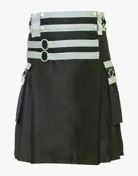 Black Stylish Utility Kilt With Grey Nylon Straps- Front Image 