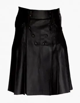 Mens Black Pleated Leather Kilt- Front Image