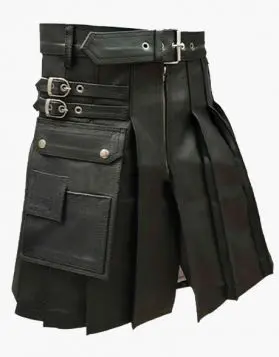 Pleated Design Modern Black Leather Kilt-- Front Image 