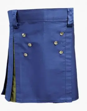 Womens Blue and Olive Green Hybrid Kilt with Studded Apron - Front Image