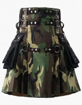 Woodland Camouflage Gothic Kilt with Black Pockets- Front Image