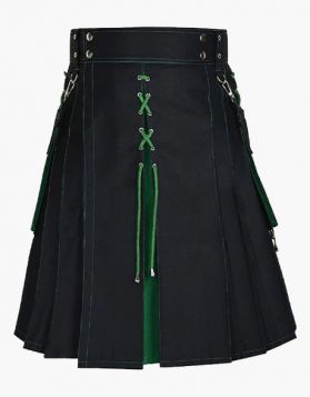 Black And Green Hybrid Kilt With Laces Design- Front Image