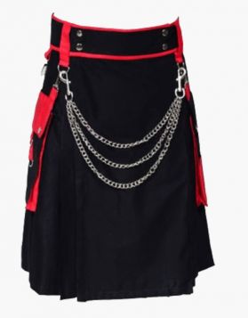 Black and Red Two-Tone Utility Kilt with Chains - Front Image 