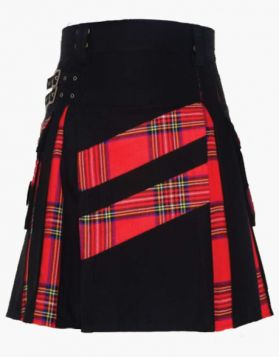Black and Royal Stewart Tartan Hybrid Kilt with Cross Strips- Front Image 