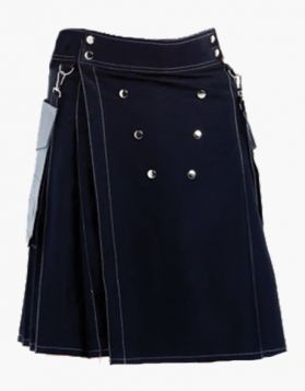 Black and White Two-Tone Utility Kilt with Studded Apron - Front Image 