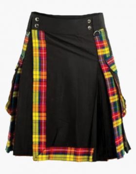 Black Hybrid Utility Kilt with Buchanan Tartan Straps- Front Image
