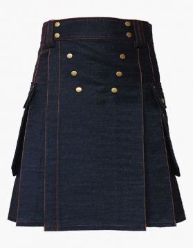 Black Denim Kilt with Studded Apron- Front Image 