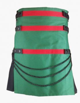 Black Gothic Utility Kilt with Green Apron - Front Image