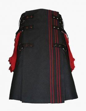 Black Gothic Utility Kilt with Red Pockets - Front Image 