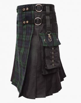 Black Hybrid Kilt with Black Watch Tartan Apron - side Image