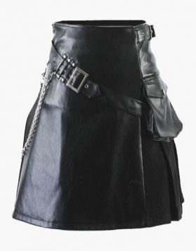  Black Leather and Cotton Gladiator Hybrid Kilt - Front Image 