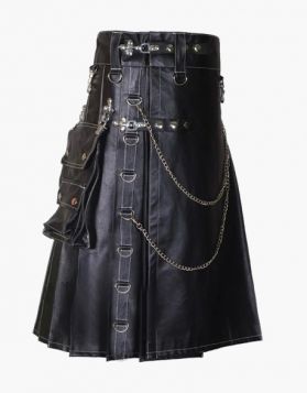 Black Leather Gothic Kilt with Chains   - Side Image 