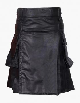 Black Leather Kilt with Leather Straps - Front Image