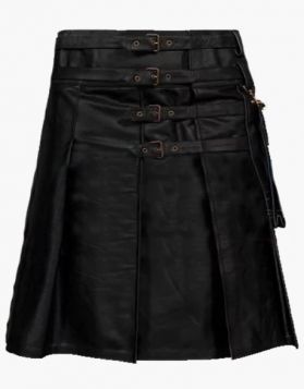 Black Pleated Leather Kilt with Straps - Front Image 