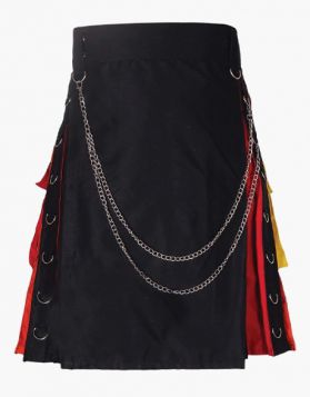 Black Rainbow Hybrid Kilt with Stylish Pockets and Chains- Front Image