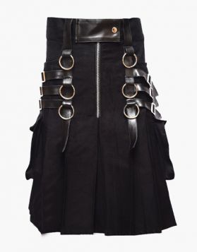 Modern Black Utility Kilt with Leather Straps - Front Image 