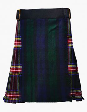 Black Watch and Black Stewart Tartan Kilt with Leather Straps - Front Image 