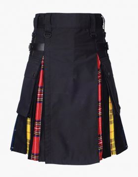  Black with Tartans Pleated Hybrid Kilt - Front Image 