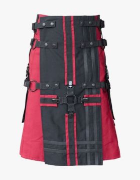 Red Gothic Utility Kilt with Black Apron & Cross Straps -Front Side