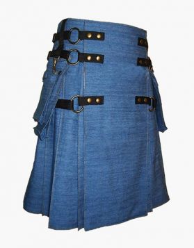 Blue Denim Gothic kilt with Detachable Apron- Front Image 