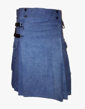 Blue Denim Kilt with Black Leather Straps- Front Image
