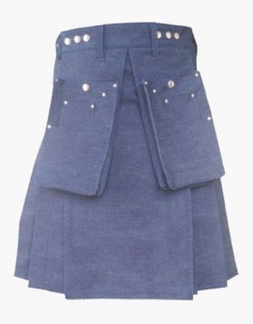 Blue Denim Kilt with Front Pockets - Front Image 