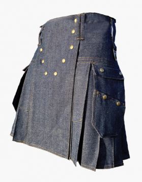 Blue Denim Utility Kilt With Studded Design- Front Image