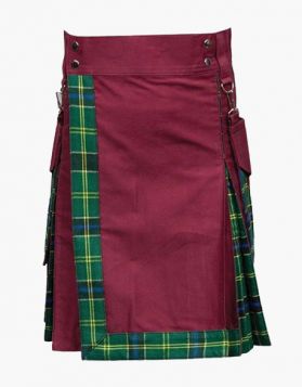  Burgundy and US Army Tartan Hybrid Kilt  - Front Image 