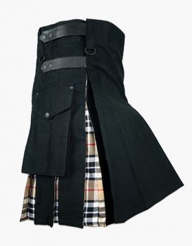 Camel Thomson Tartan Hybrid Kilt With Black Fabric- Side Image 