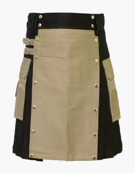 Classic Black Utility Kilt with Khaki Apron and Pockets- Front Image 