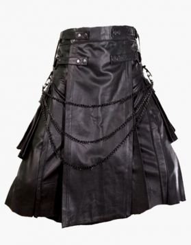 Gothic Style Black Leather Kilt with Chain- Front Image