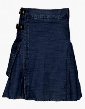 Indigo Denim Kilt with Fastening Straps - Front Image
