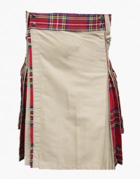 Khaki and Royal Stewart Tartan Hybrid Kilt- Front Image 