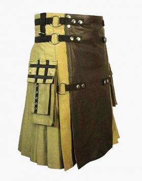 Khaki with Brown Leather Gothic Hybrid Kilt 