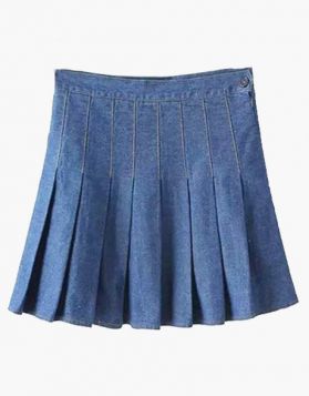 Ladies Blue Denim Mini Pleated Kilt - Front Image 