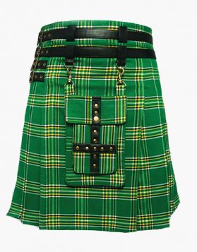 Men Irish Green Tartan Utility Kilt with Front Pocket - Front Image