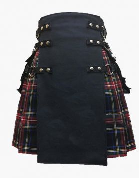Mens Black and Black Stewart Tartan Gothic Hybrid Kilt - Front Image