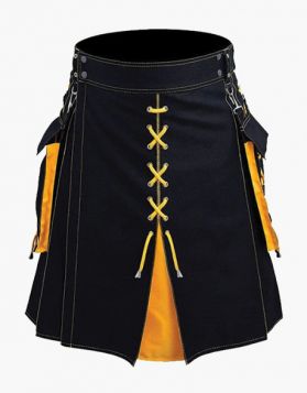 Black And Yellow Hybrid Kilt With Laces Style - Front Image 