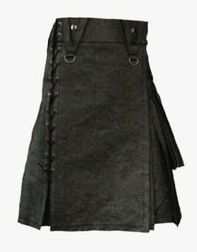 Men's Black Denim Kilt in Laces Style- Front Image