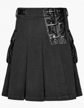  Mens Black Denim Kilt with Leather Pockets  - Front Image 