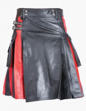 Mens Black Leather Kilt with Red Pleats - Front Image 