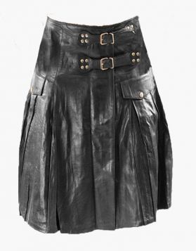  Mens Black Leather Kilt with Front Straps  - Front Image 