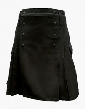 Mens Black Utility Kilt with Studded Apron - Front Image 
