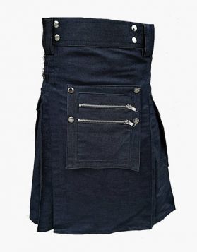 Men's Blue Denim Kilt with Detachable Front Pocket- Front Image