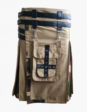 Mens Khaki and Camo Hybrid Kilt with Leather Straps - Front Image