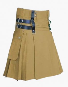 Mens Khaki Utility Kilt with Leather Straps - Front Image