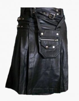 Men's Pure Black Leather Utility Kilt with Detachable Pocket- Front Image